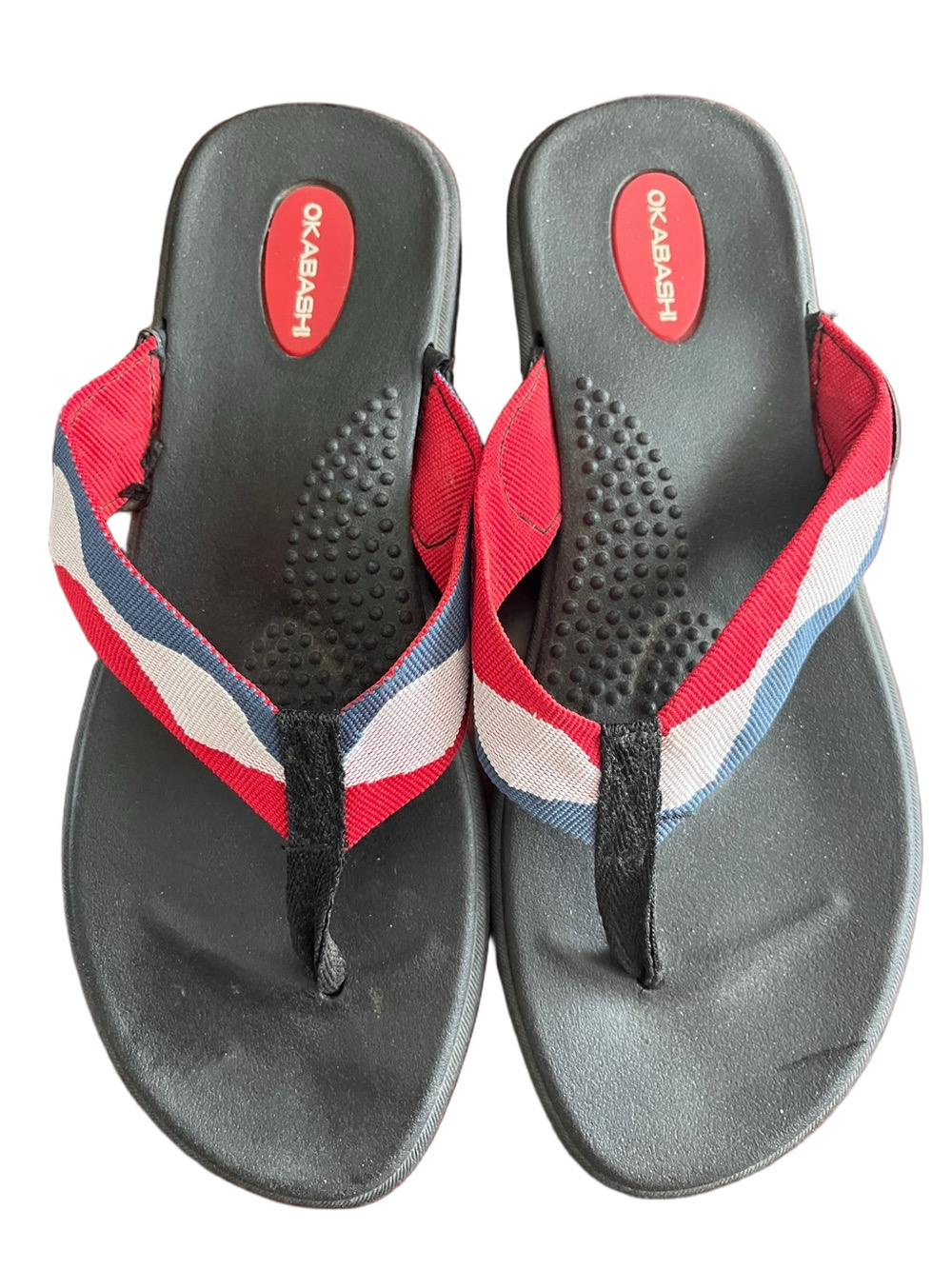 Okabashi Red White Blue Strap / Black Soles Flip Flops